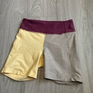 Outdoor Voices Two-Tone Athletic Shorts in Yellow, Taupe & Plum